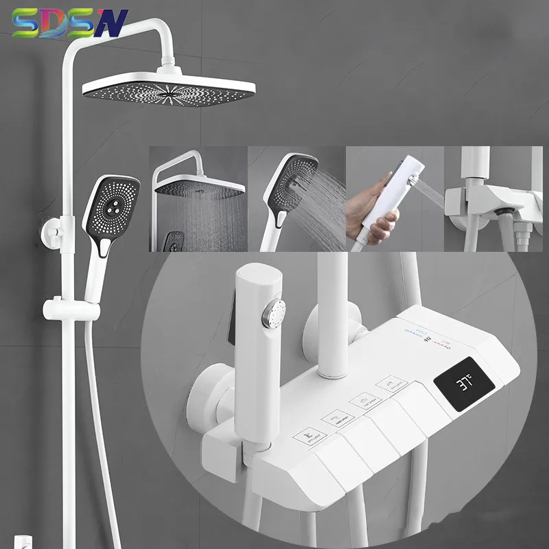 White Piano Digital Bath Shower System Set Hot Cold Brass Bathroom