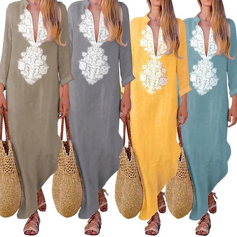 Voorafdrukken Boho Casual jurk lange mouw v nek dames jurken kleding losse dames feest zomer casual strand sundress s-2xl