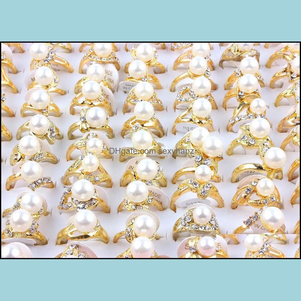 Band Rings Jewelry Wholesale Lots 50Pcs Charms Mens Mix Style Natural Pearl Beads Crystal Rhinestone Finger Women Gif Dhg4A