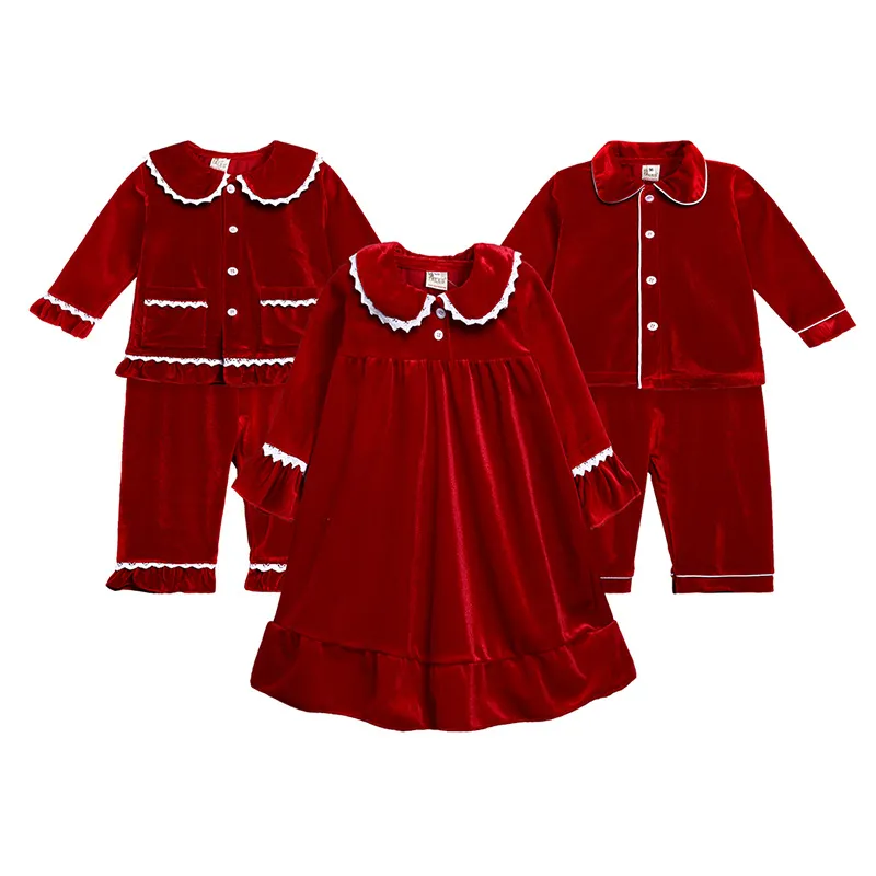 Winter Pajamas Boutique Velvet Fabric Red Kids Clothes Pjs With Lace Toddler Boys Set Pyjamas Girl Baby Sleepwear