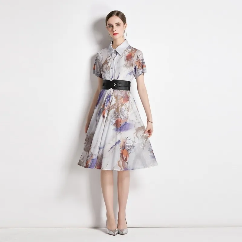 2022 Элегантное принт летнее платье рубашки Женщина дизайнер с коротким рукавом однобортный.