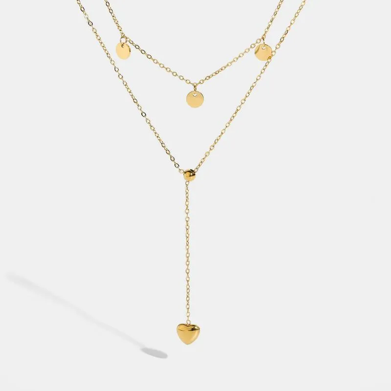 Colares de pendentes 14k Goldado de ouro aço inoxidável Dupa dupla e colar de corrente de forma para mulheres Lariat Heart Circle Circle Cara de Cara de Gardaça