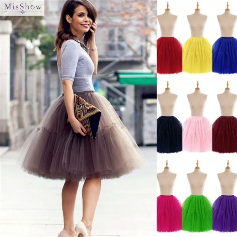 MisShow 6 Couches En Mousseline De Soie Femmes Tutu Jupe Courte Taille Haute Maille Doux Tulle Puffy Pettiskirt De Bal Robe De Soirée De Danse 220322