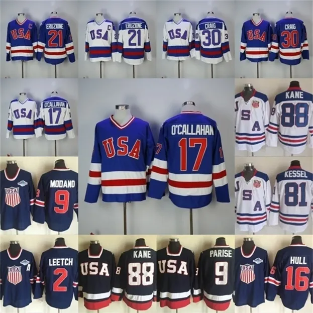 NIK1 1980 Miracle on Ice Hockey Jersey 17 Jack O'Callahan 21 Mike Eruzione 30 Jim Craig 88 Patrick Craig 88 Patrick Kane 9 Zach aliseメンズホッケージャージ