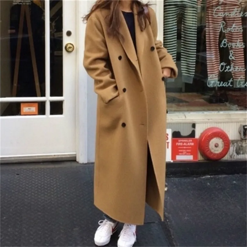 Korea Kobiety jesienne zima podwójnie piersi długi wełniany płaszcz damski z długim rękawem kołnierz obroża płaszczowa kurtka parka vintage 201215