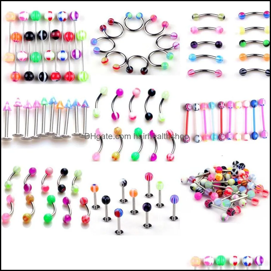 45pcs/set mix acrylic stainless steel eyebrow navel belly lip tongue ring nose bar rings body piercing jewelry wholesale