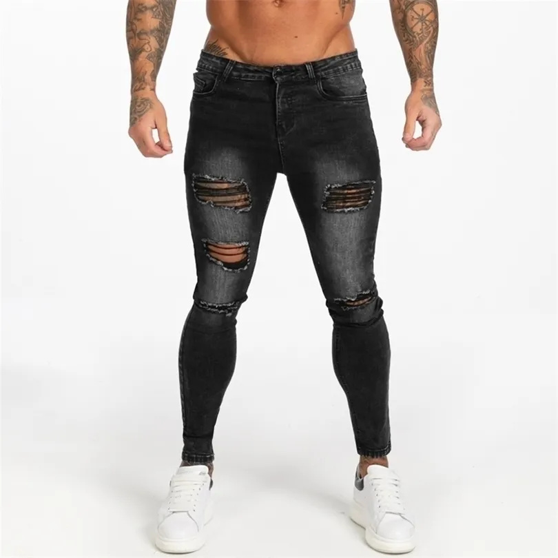 GINGTTO Dark Washed Black Jeans pour hommes Slim Fit Hommes Denim Jeans Casual Ripped Jeans Hommes Taille élastique zm112 T200614