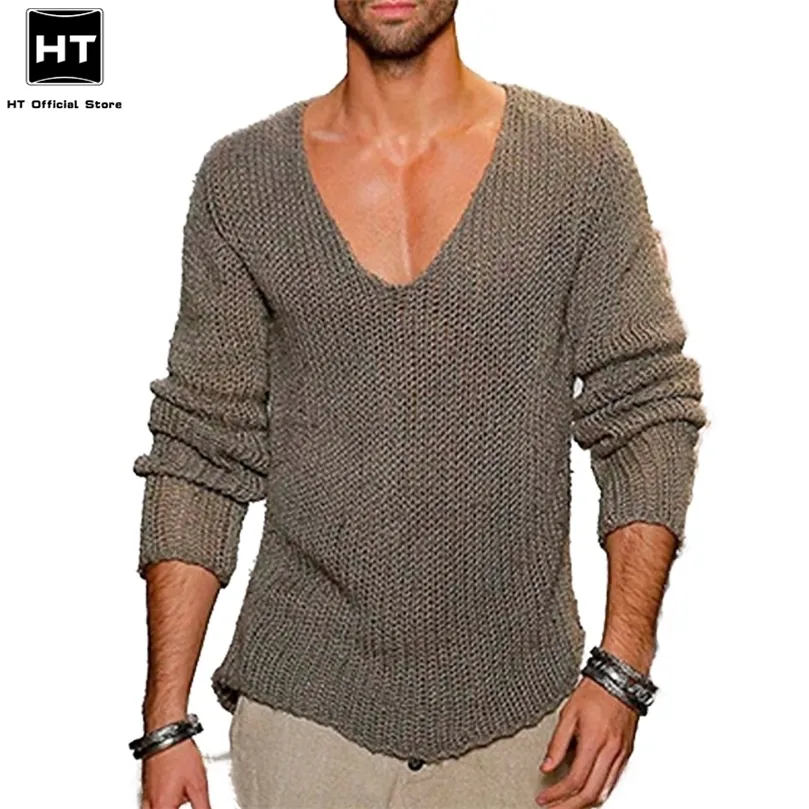 Mężczyźni swobodny solidny sweter vneck luźne bawełniane sweter pullovery męskie mgła wysoka elastyczność moda szczupła samca pullover plus size 220817