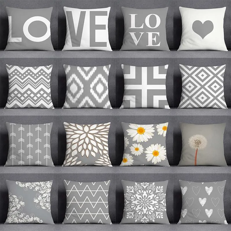 Cushion/Decorative Pillow Gray Lumbar Pillows Case 45X45cm Polyester Geometry Leaf Floral Stripes Plaids Print Sofa Throw Boho Decor HomeCus