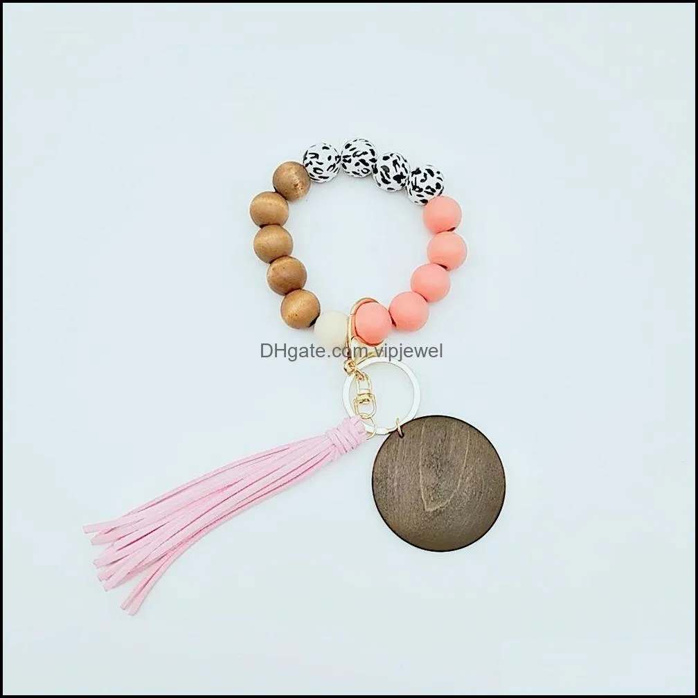 leopard wood beads bracelet key ring with tassel circle fashion elastic keychains for lady handbag pendant jewelry q403fz