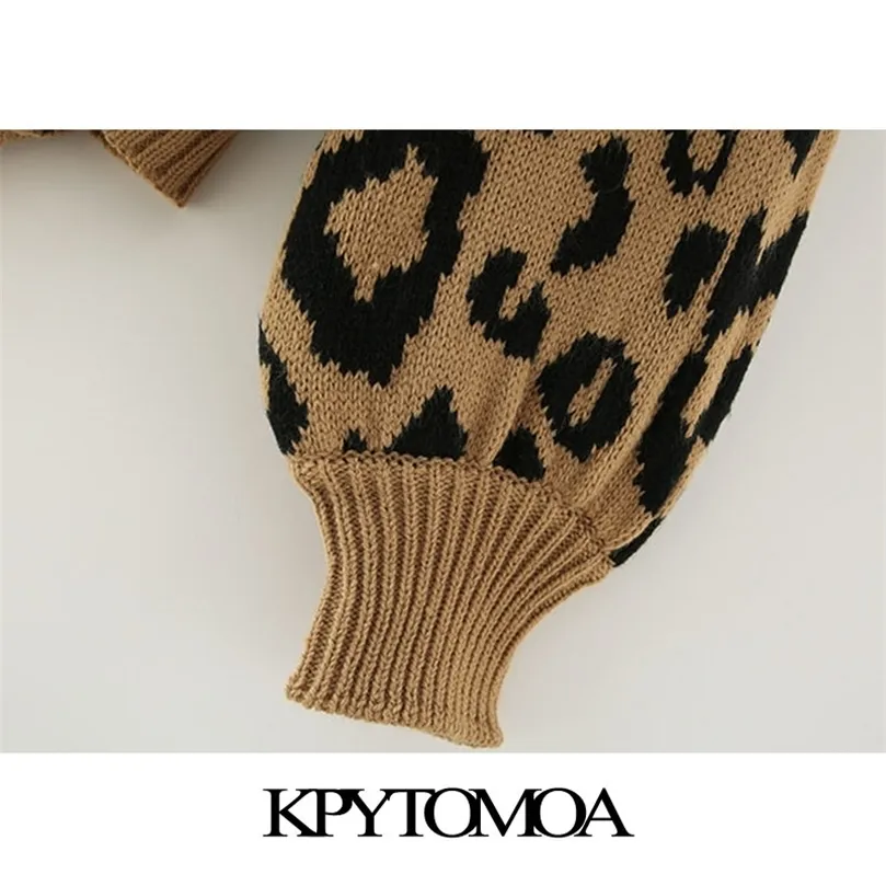 KPYTOMOA Kobiety moda lampart lamparta luźne dzianinowe sweter sweter vintage Lantern tulewa żeńska odzież wierzchnia