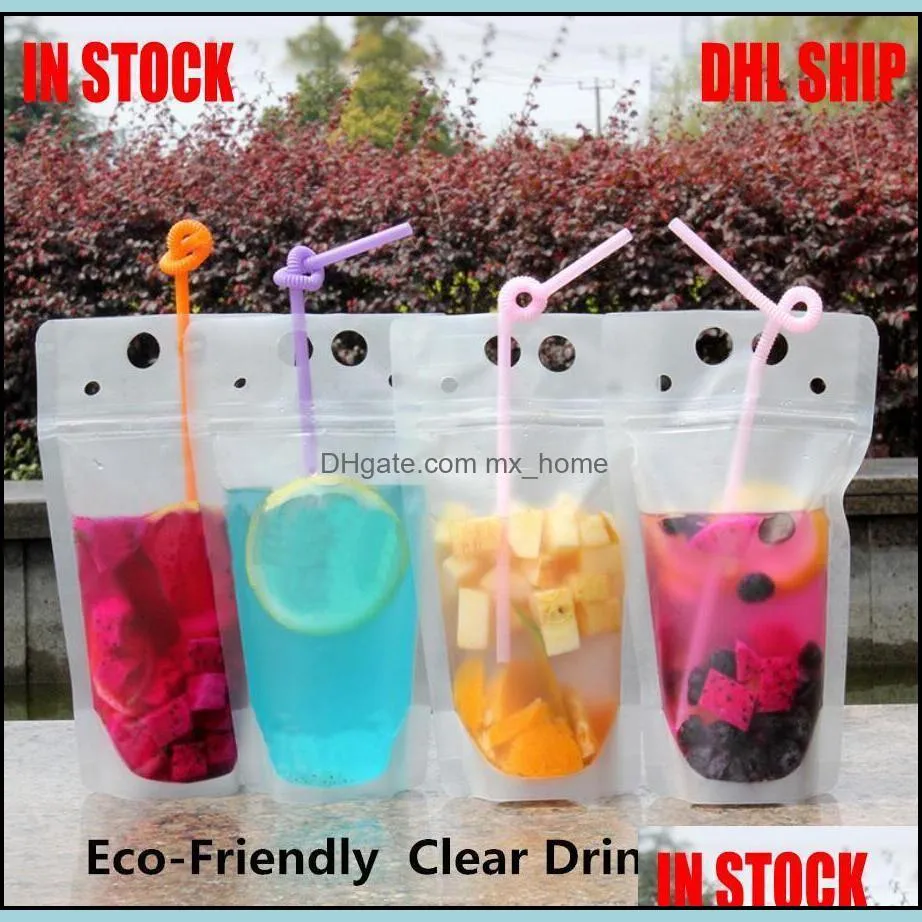 Self-sealed Transparent Plastic Shing! Straw Milk For 500ml Style Drink Juice For Handle Dhl Beverage Packaging Pouch And 4 Holes