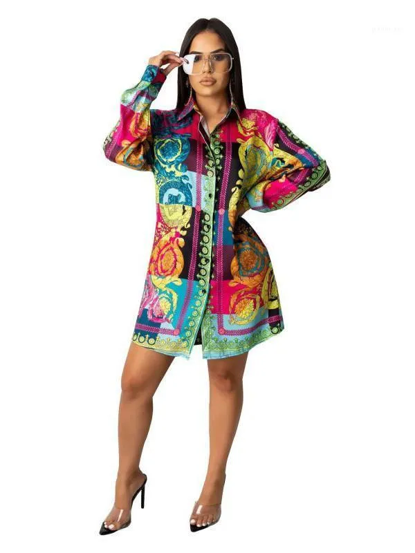 Vêtements ethniques 2022 Robes Plus Taille Dashiki Robes Africaines Femmes Fête Élégante Col Rabattu À Manches Longues Boutonné Chemise Robe