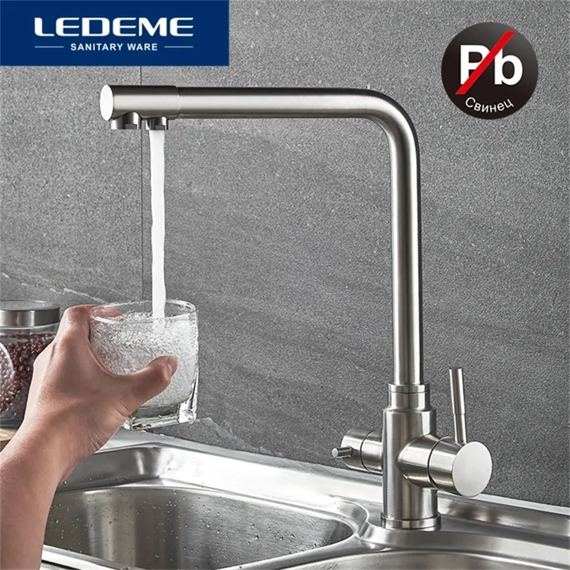 LEDEME Kitchen Faucet with Filtered Water Double Spout Water Purification Stainless Steel Kitchen Tap Sink Mixer Crane L4355-3 T200424