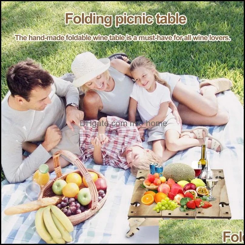 Flatware Sets Kitchen Dining Bar Home Garden 2-In-1 Folding Picnic Table With Wine Glass Holder Convertible Wooden Storage Basket Collaps