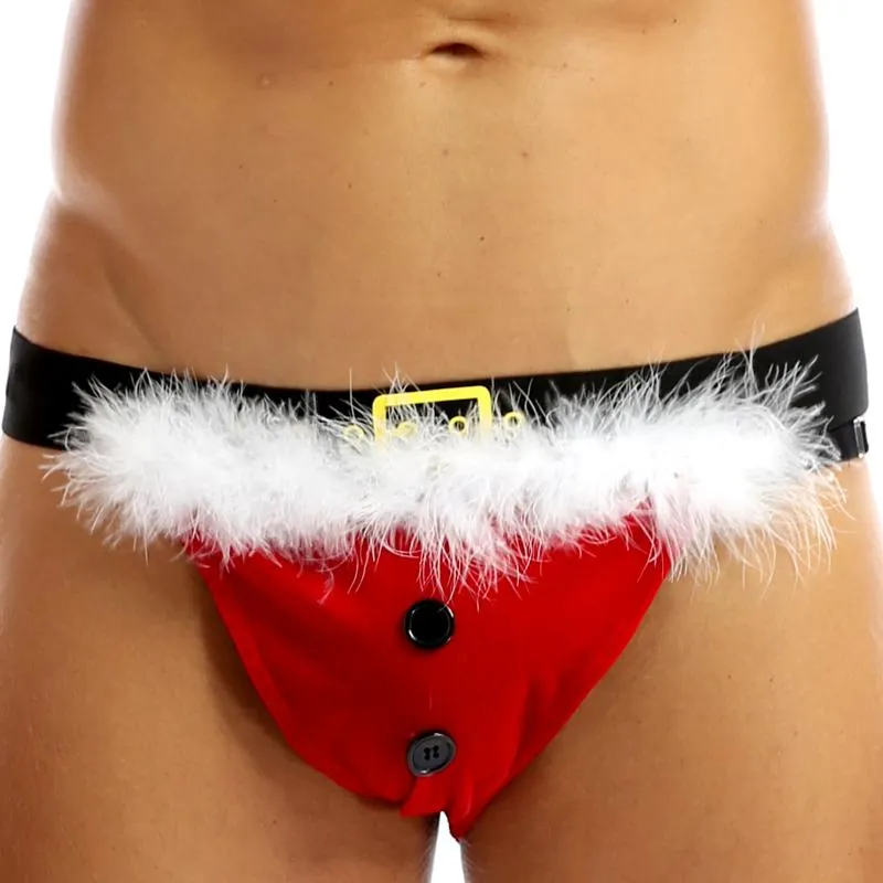 G-Strings pour Hommes Lingerie en Velours Doux pour Hommes sous-vêtements Taille Basse Ceinture élastique BuBriefs Ouverts Noël Look Père Noël Jockstrap G-string ThongsM