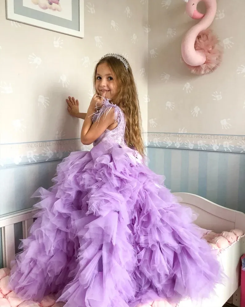 FEESHOW Girls' Flutter Sleeve Chiffon Flower Girl Dress - Lavender Long Gown For Weddings & Parties - View #11