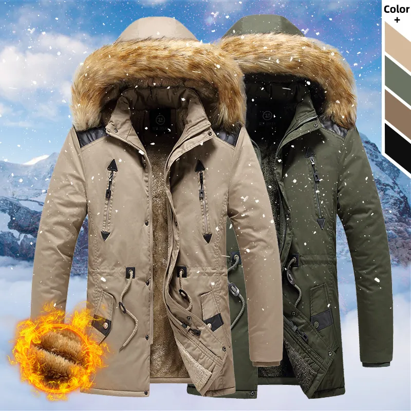 Mężczyźni zimowi moda futrzana ciepła parkas z kapturem gruba polarowa kurtka płaszcz męski swobodny w dół wiatroodporna odzież wierzcha 201119