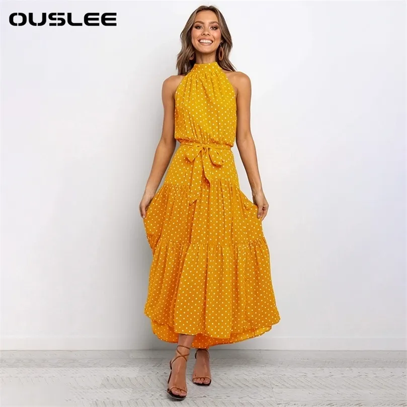 Ouslee Summer Casual Long Dress Boho Style kantar Polka Dotse Elegancka imprezowa druk maxi sukienki panie vestidos mujer 220423