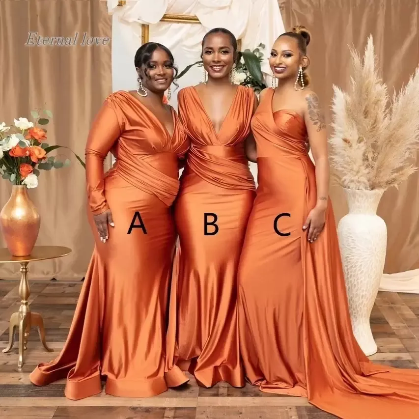 2022 Robes de demoiselle d'honneur orange foncé une épaule col en V manches longues satin longueur de plancher sur mesure plus taille demoiselle d'honneur robe pays africain vêtements de mariage 401