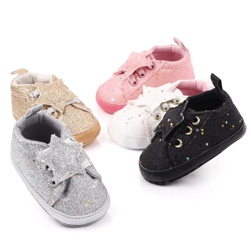 First Walkers Baby Boys Girls Shoes Breattable Artificial Pu paljetter Stjärna tryckt Sneakers Toddler Soft Soled Shoefirst