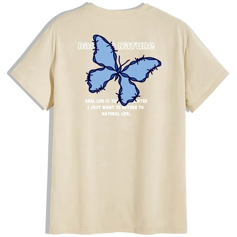Tasarım hip hop sokak kıyafeti bej erkekler tişört mavi kelebek doğa hayat yaz kısa kollu pamuk gevşek üstleri tees 220504