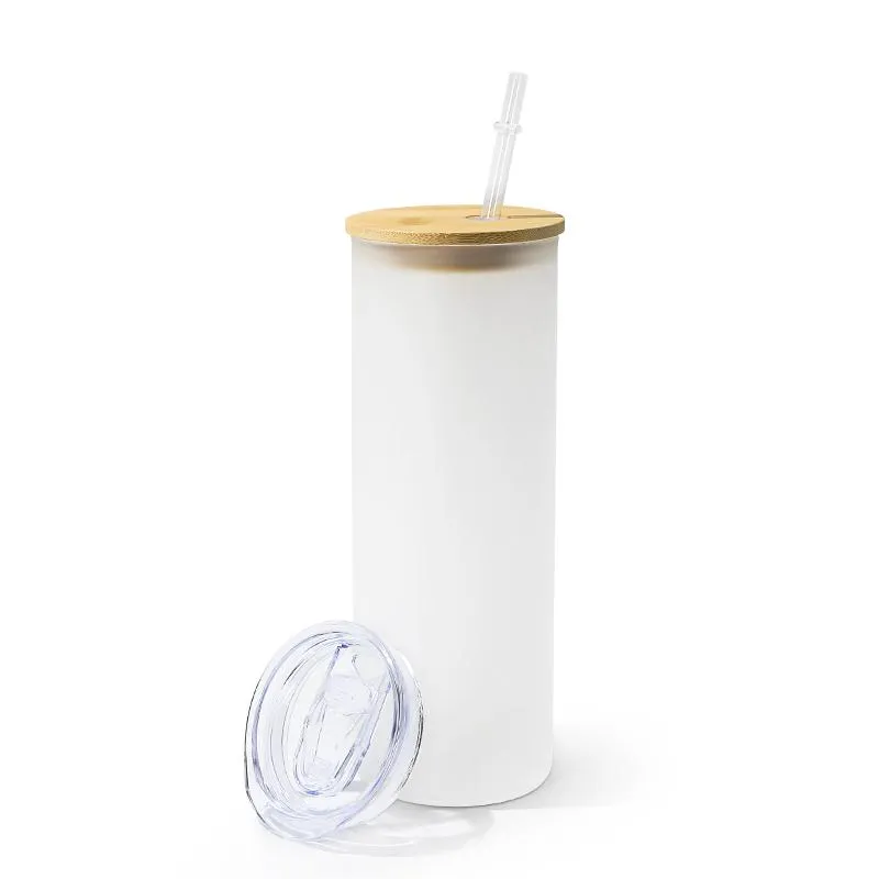 12oz 16oz 25oz mug straight blank sublimation frosted clear Transparent coffee glass cup tumblers with bamboo lid and straw