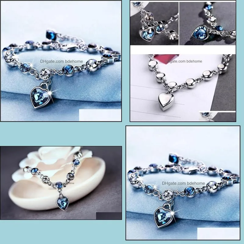 heart of ocean blue zircon charms bracelet love diamond girl`s best gift gioielli women`s bracelet