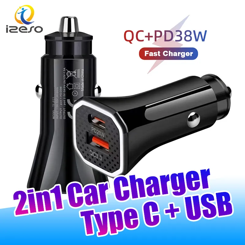 20W PD Car Charger 2in1 QC 3.0 with Type C Quick Charging Adapter Automobile Chargers for iPhone Samsung izeso izeso