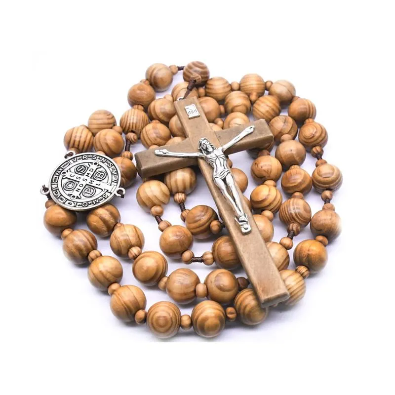 Pendant Necklaces Natural Pine Wooden Rosary Beads Necklace Religious Large Cross Wall Hanging Decoration Jewelry AccessoriesPendant