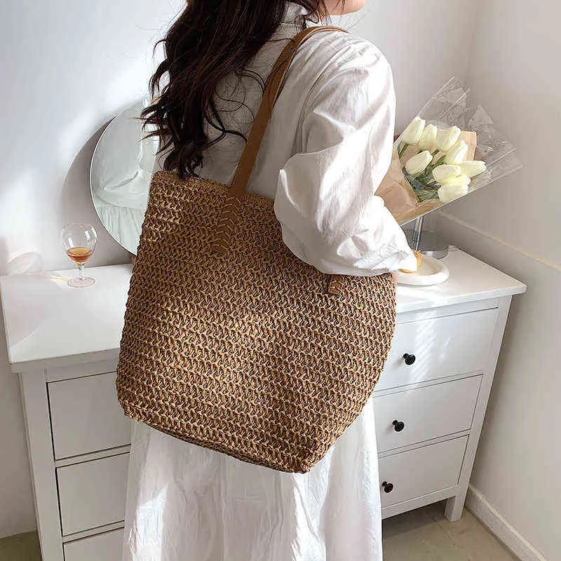 Shopping Bags Hand-woven Women's Shoulder Handbag Bohemian Summer Fashion Straw Beach Tote Bag Travel Shopper Weaving 01180318