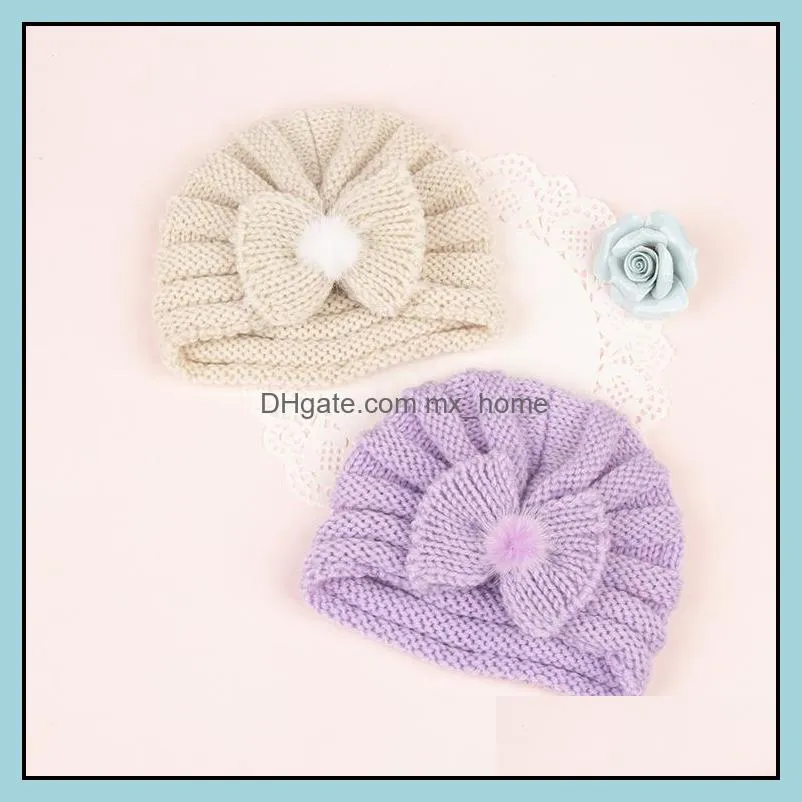 m386 new autumn winter baby kids knitted hat wool ball bowknot skull cap boys girls warm beanie children turban hats 21 colors