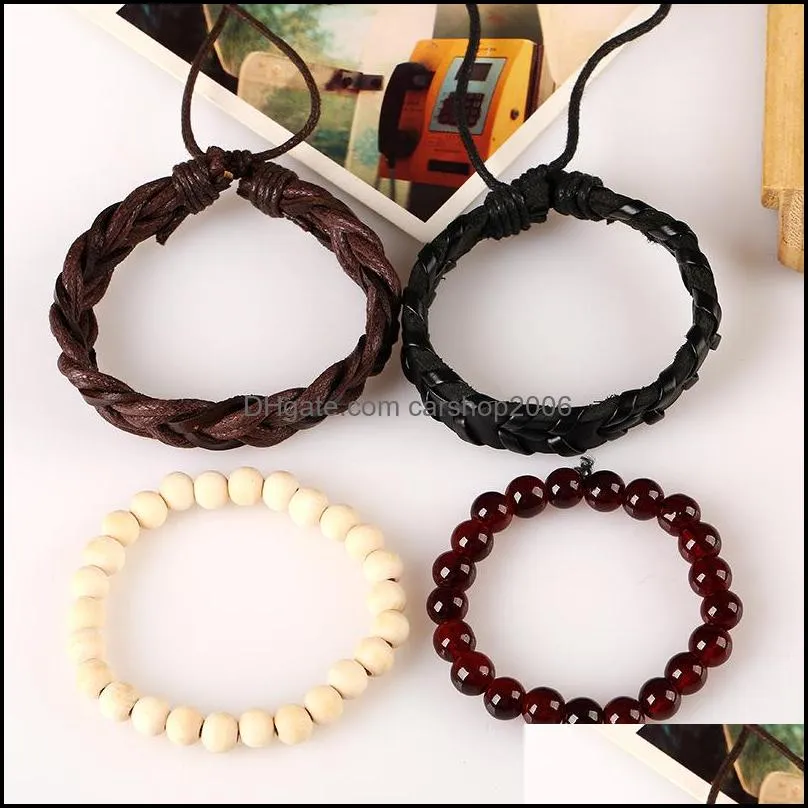 4pcs set unisex leather rope braided handmade beaded charm bracelets for women men punk bangle jewelry