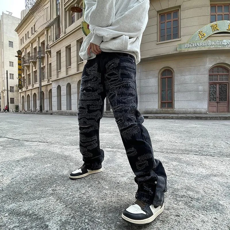 Jeans pour hommes High Street Patchwork Hommes Noir Hip Hop Streetwear Punk Denim Pantalon Harajuku Surdimensionné Ripped Droite Pantalon LâcheMen's
