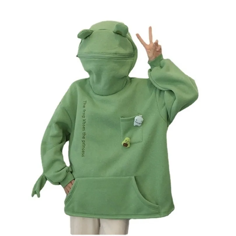 Springtime Embroidery Frog Sweghirt Shirt Shirt Men and Women's Harajuku Warm Pullover Womens Corean Hoodie 211006
