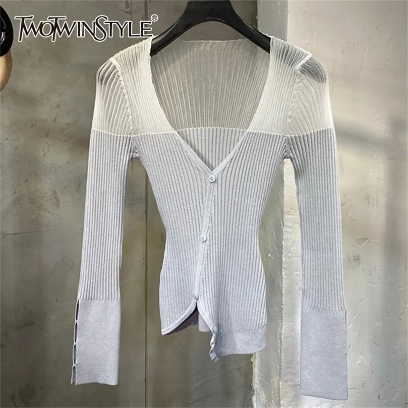 Twotwinstyle Casual Patchwork Hit Couleur Femme Col V Manches longues Slim Asymétrique Pull Femme Mode Vêtements 201221