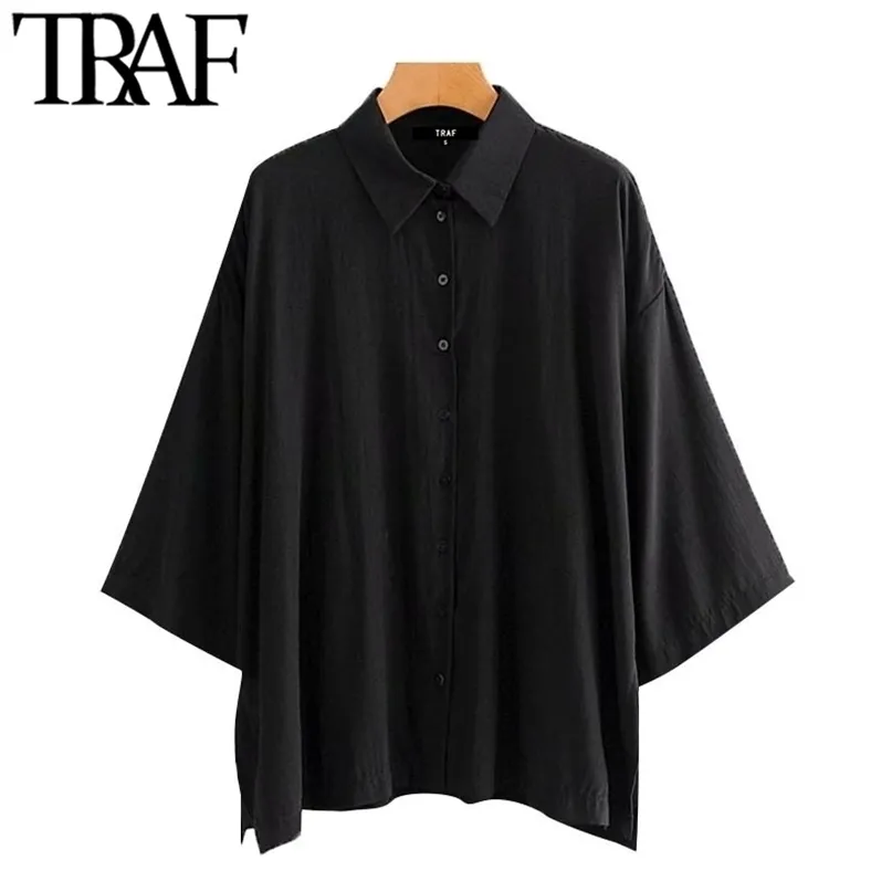 TRAF Dames Mode Oversized Button-Up Gezellige Blouses Vintage Drie Kwart Mouw Zijopeningen Vrouwelijke Shirts ChiCh Tops 220402