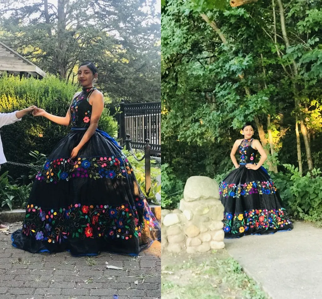 2022 Vintgae Noir Organza Prom Quinceanera Robes Charro Mexicain Brodé Haut Halter Dos Ouvert Fermeture À Glissière Doux 15 Filles Parti Robe Formelle Doux 16