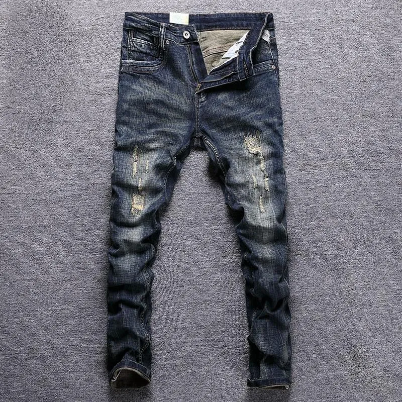 Herrenjeans im italienischen Stil, modisch, für Herren, Retro, Schwarz, Blau, elastisch, schmale Passform, zerrissene Stickerei, Designer, lässige Baumwoll-Denim-Hosen