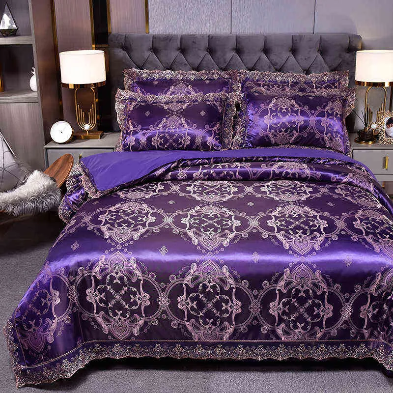 Dropshipping Wedding Duvet Cover Set Golden Jacquard Bedding Set Lace Flat Sheet 3 / 4PCS European Luxury Royal Blue N2 G220215