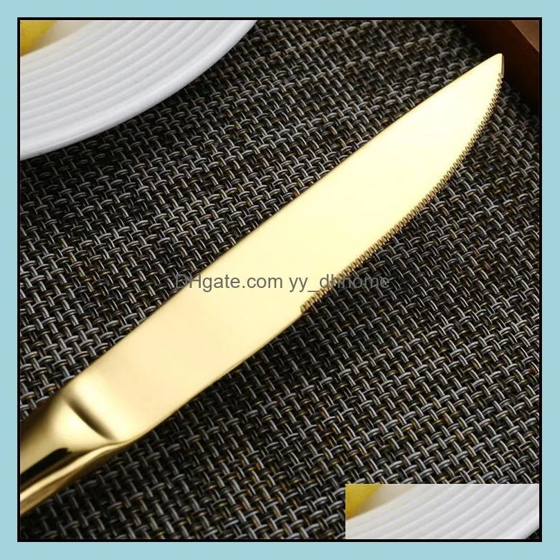 unique stainless steel 304 colored tableware set, glossy rose gold dinning set, pvd plated golden knife fork spoon set