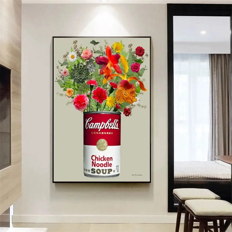 Retro andy warhol soppa med blommor duk målar sjö bergsaffischer och skriver väggkonst bild för vardagsrum heminredning