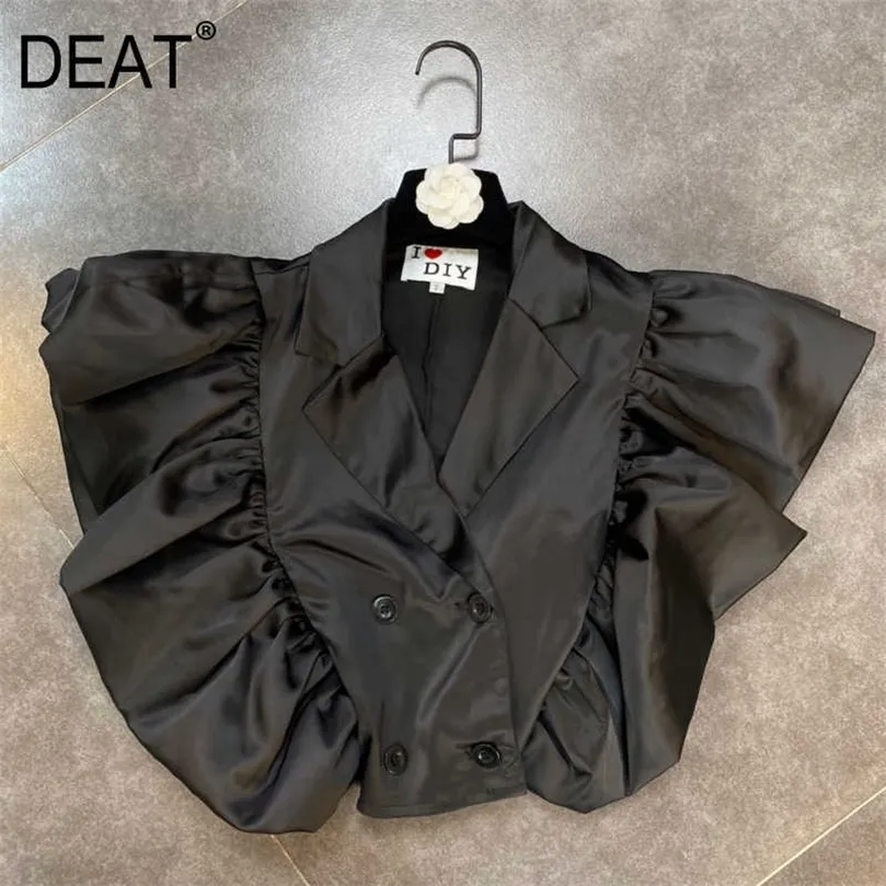 DEAT Summer Short Flying Sleeve Turn Down Collar Double Breasted Buttons Black Shirt Women Crop Top HR441 210709