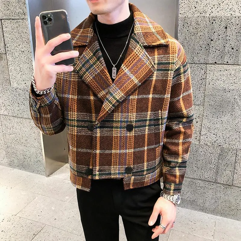 Herrgravrockar Autumn Winter Men Woolen Short Slim Fit Korean Plaid Fashion Jacket Mens Double-Breasted Casual Tweed Hommesmen's Vio22