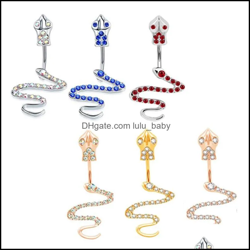 Body Arts Tattoos Art Health Beauty Snake Belly Button Ring CZ Crystal Surgical Stainless Steel Navel Rings 14g Piercing Dhzlr