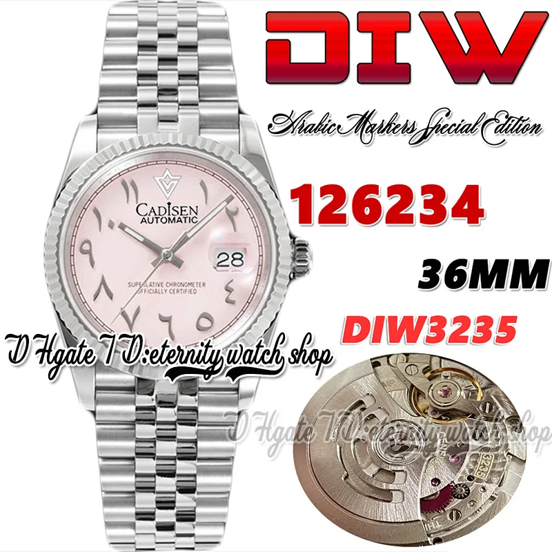 DIWF diw126234 SA3235 Montre automatique pour homme 36 mm Lunette cannelée Cadran rose Marqueurs arabes Bracelet en acier jubilé 904L avec la même carte de garantie de série Montres d'éternité