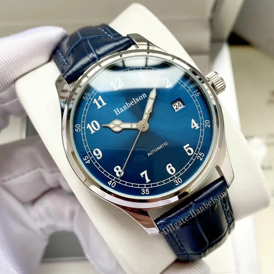 Pilot Męski zegarek Srebrna koperta ze stali Business Blue Skórzany pasek Automatyczny mechanizm mechaniczny Tarcza z cyframi arabskimi 40 mm Zegarki na rękę