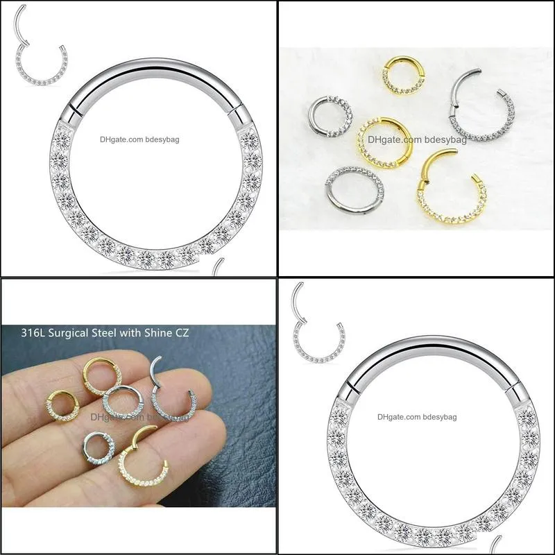 20pcs body jewelry piercing 316l surgical steel cz nose septum clicker ring ear helix daith cartilage tragus earring 16gx6/8/10