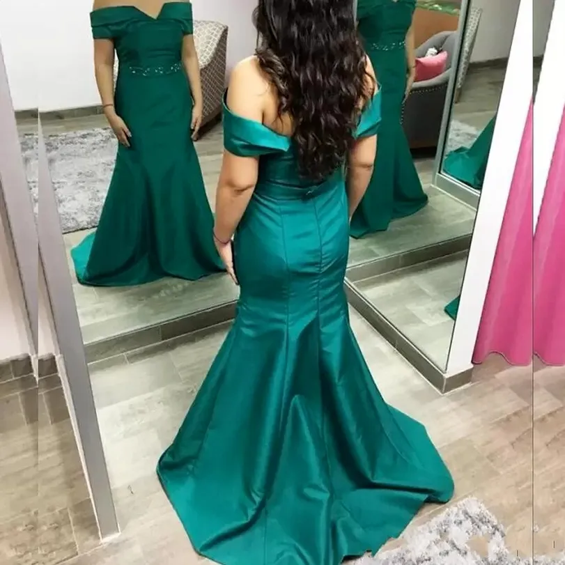 Vintage Teal Bridesmaid Dresses 2022 Mermaid Off the Shoulder Beaded Belt Long Formal Bridesmaids Dresses for Wedding Party Custom Made High Quality C0621x03
