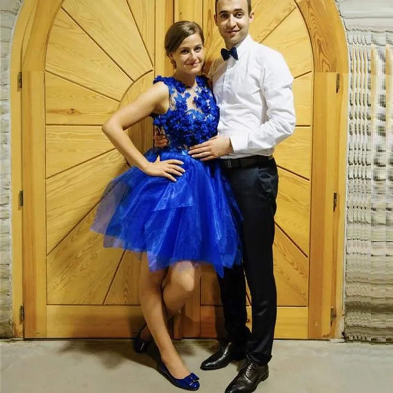 Blue Lace Applique Sheer Neck Formal Dress With Tulle Elegant Short Blue Prom Dress From Fittedbridal 125.13 DHgate.Com